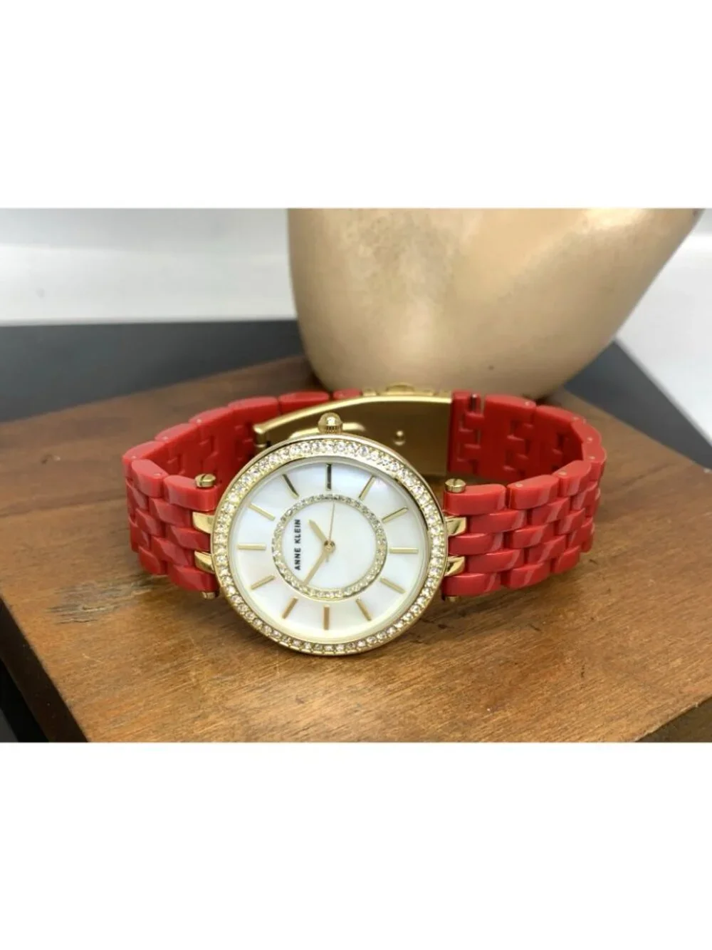 Anne Klein Women's Watch AK\2620 Quartz Mother of Pearl Dial Gold Red Resin 34mm